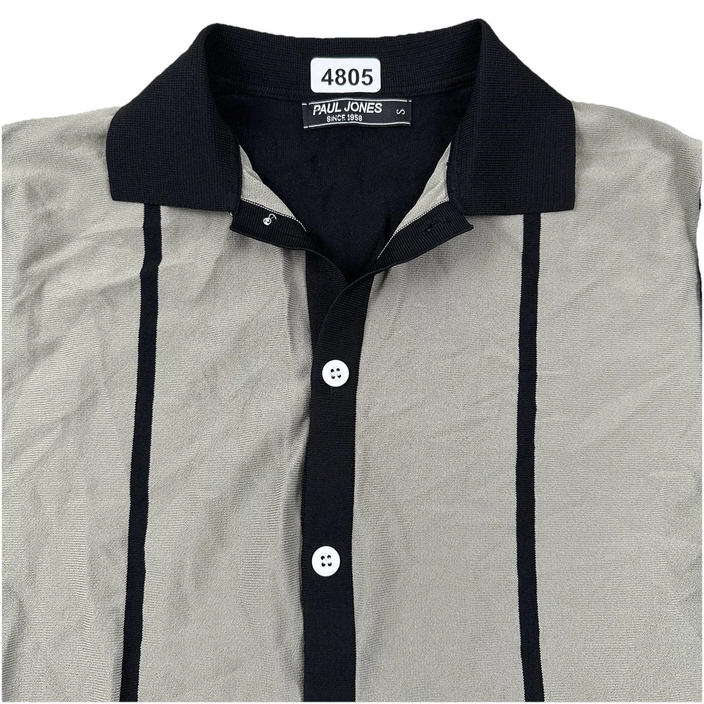 Paul Jones Button Up Polo Shirt Mens XS Small Black Gray Stripe Retro Cardigan
